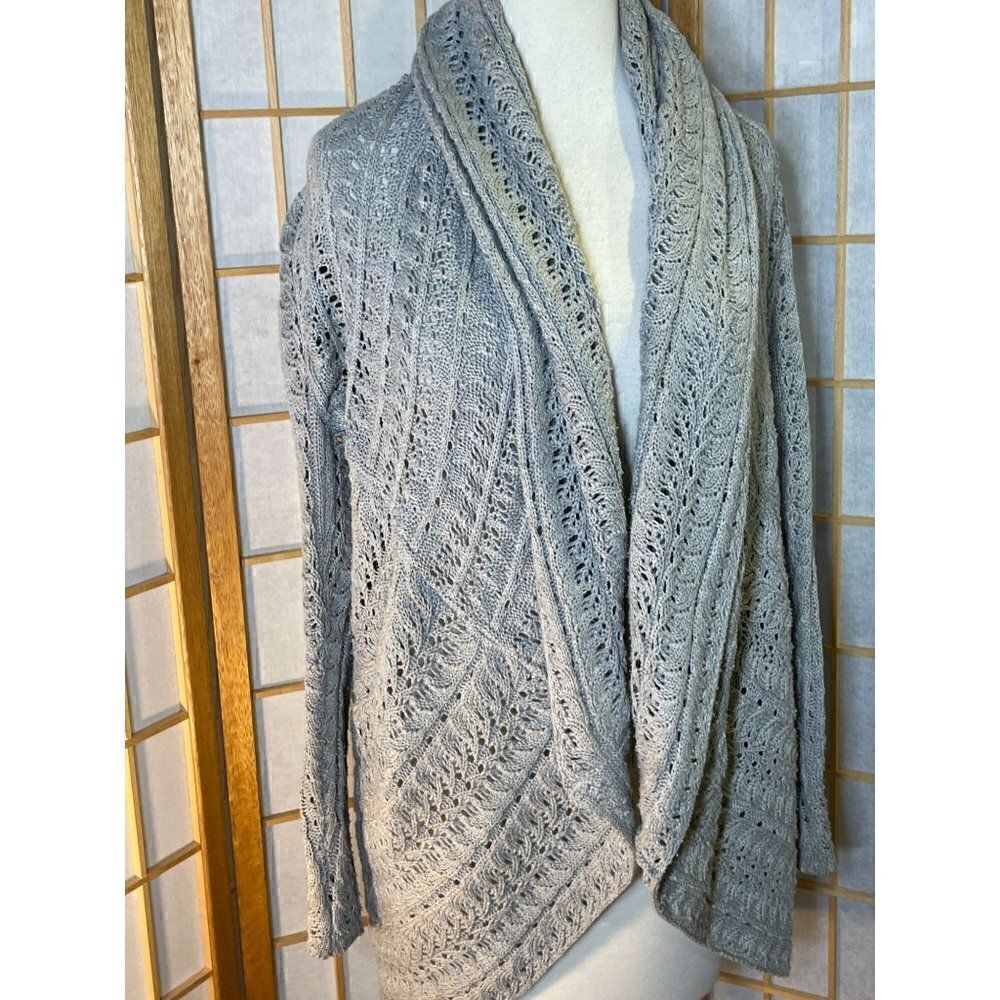 Papillon Med Gray Open Knit Shawl Collar Cardigan